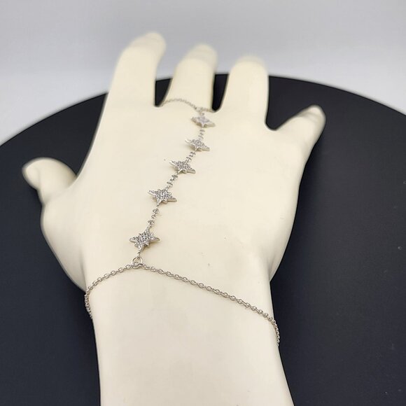 Sterling Silver 925 Hand Chain Bracelet with Ring – Star Design - Picture 7 of 9